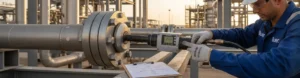 BIJER technician using hydraulic torque wrench on a large flange joint at an Abu Dhabi refinery with star-pattern sequence diagram and paint-marked bolts visible