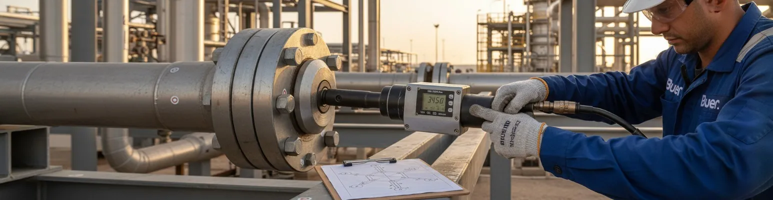 BIJER technician using hydraulic torque wrench on a large flange joint at an Abu Dhabi refinery with star-pattern sequence diagram and paint-marked bolts visible