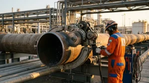 Clamshell cold-cutting machine operating on a 24-inch pipeline at an Abu Dhabi gas facility with no sparks and clean mechanical cut