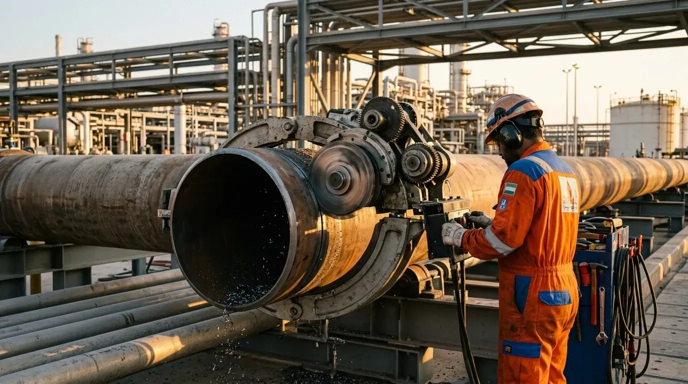 Clamshell cold-cutting machine operating on a 24-inch pipeline at an Abu Dhabi gas facility with no sparks and clean mechanical cut