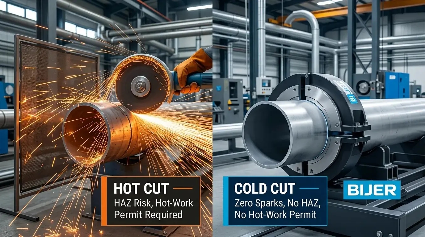 Side-by-side comparison of hot cutting with sparks versus cold cutting with clamshell machine for industrial piping, showing HAZ risk vs zero sparks