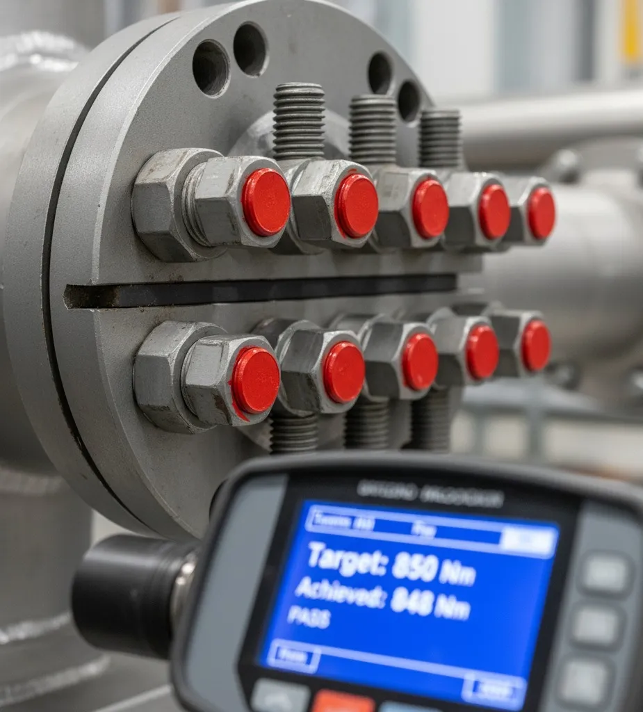 Close-up of flange bolts with coloured torque-verification paint dots and digital torque wrench showing a passing reading of 848 Nm against an 850 Nm target