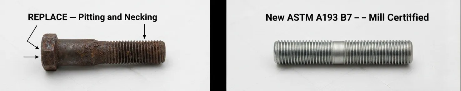 Side-by-side comparison of a corroded and necked flange stud needing replacement versus a new clean ASTM A193 B7 stud bolt