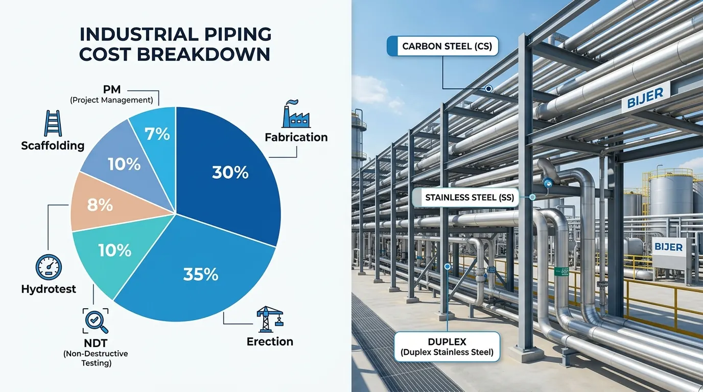 Cost breakdown pie chart for industrial piping scope with labelled pipe rack photograph showing carbon steel, stainless steel, and duplex lines