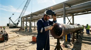 Industrial piping welder performing a weld on a large-diameter carbon-steel pipe at an Abu Dhabi construction site with pipe racks and crane in background