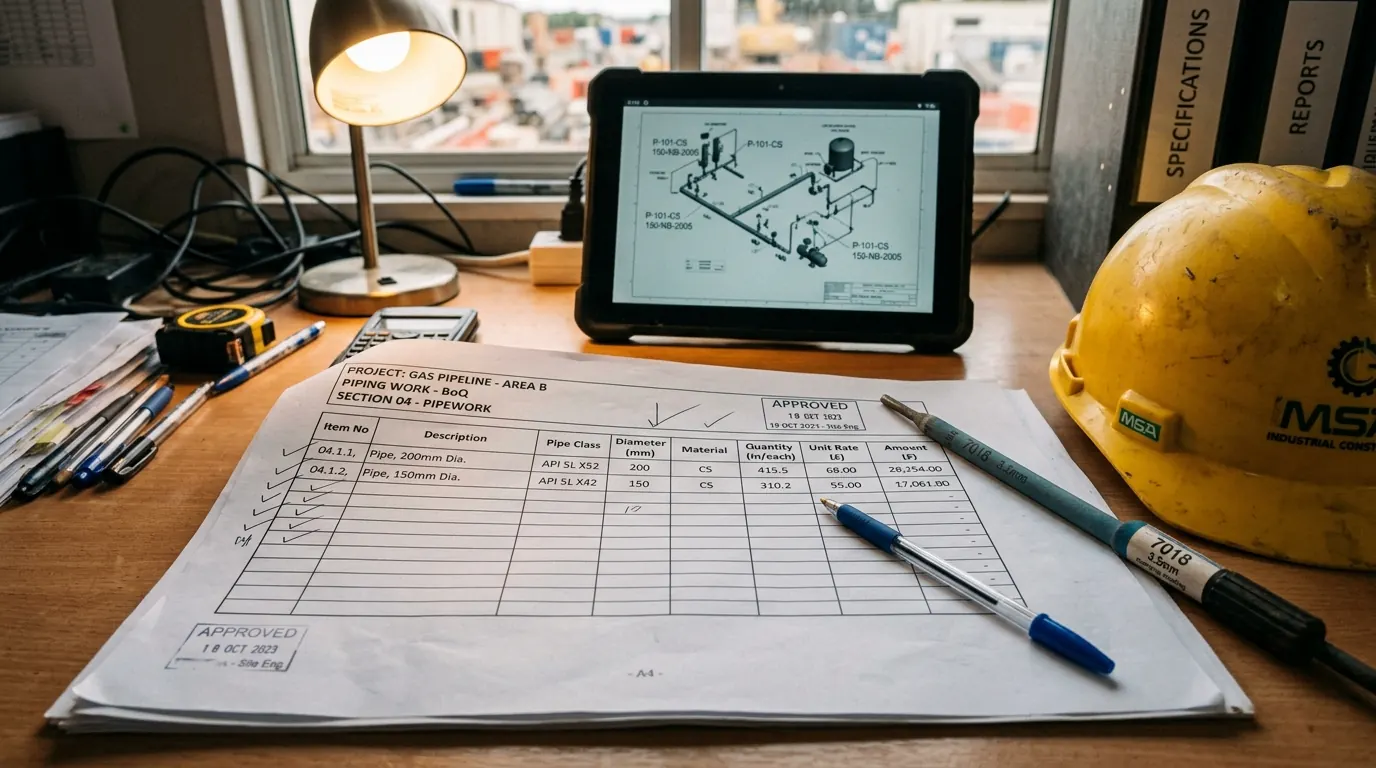 Detailed piping bill of quantities document on a construction office desk with hard hat and welding electrode nearby