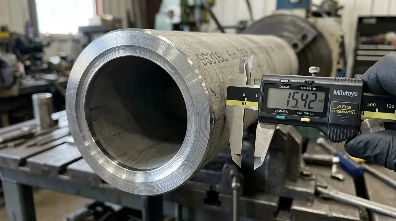 Close-up of a precision cold-cut pipe face on stainless steel showing clean machined bevel with no heat discolouration